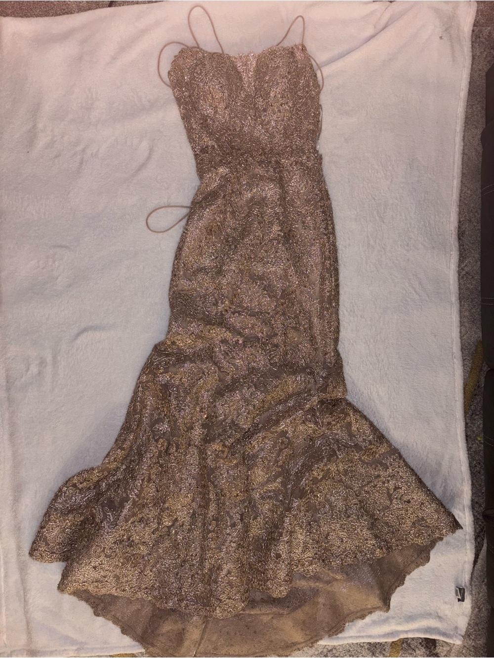 Sherri Hill Gold Lace Mermaid Gown with Spaghetti Straps